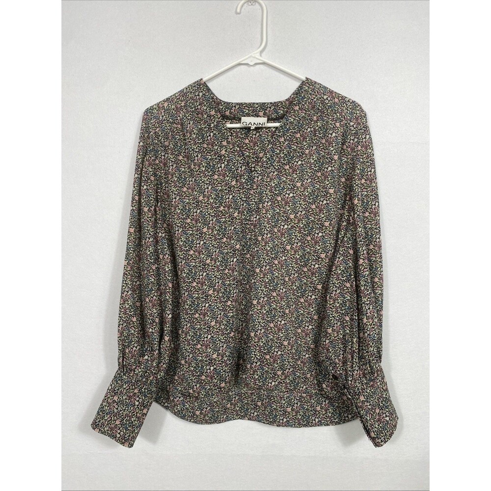 Ganni Women's Crepe Floral Blouse Long Sleeve Top Size 36 Cottagecore